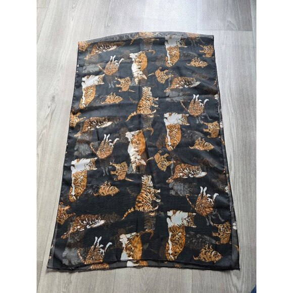 Tabby Cat Black Sheer Scarf With Orange & White Cat Print - Picture 2 of 4